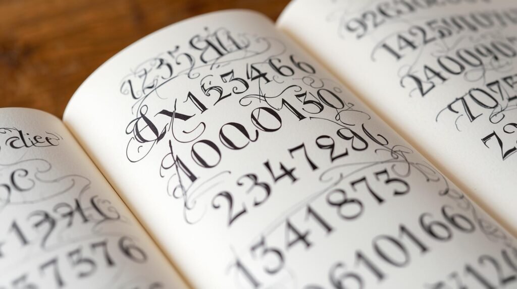 Close-up of name letterforms and numbers in a notebook. Numerologist and client