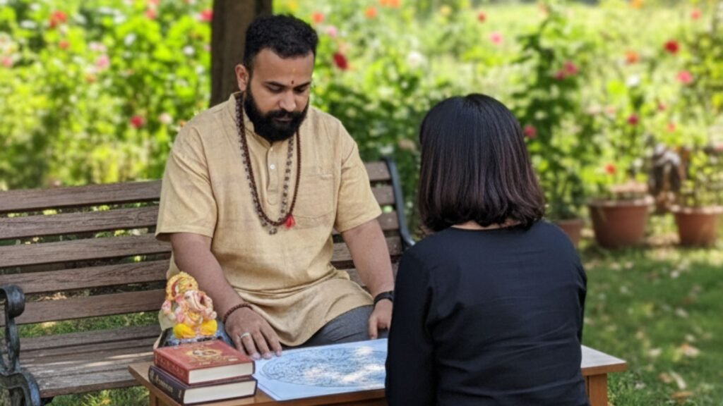 Jai Om Dave at a desk reviewing a chart of his client while on a Vedic astrology consultation