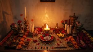 Minimalist puja and yoga essentials for sattvic practice.