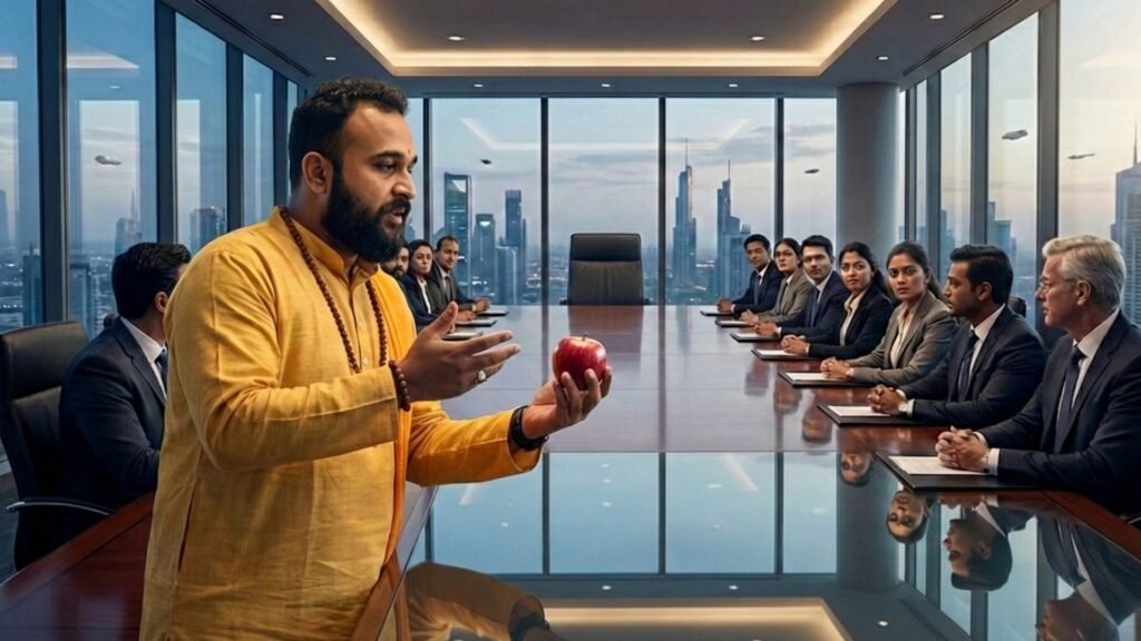 Medium shot. [THE PROTAGONIST] is standing by the conference table, holding a red apple in one hand and gesturing with the other, explaining a deep concept. 