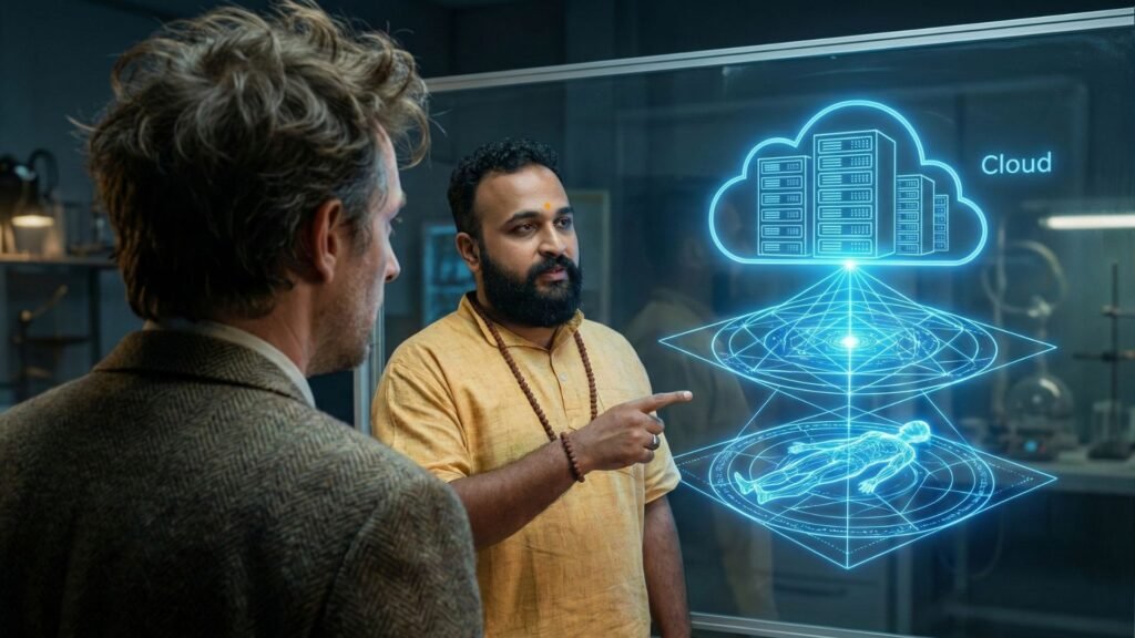 A close-up over-the-shoulder shot. The Physicist (messy hair, tweed jacket) is looking at [THE PROTAGONIST] with a stunned expression. [THE PROTAGONIST] is using a modern analogy, pointing to a glowing blue holographic projection or a diagram on a glass whiteboard showing three layers: A physical body, a subtle energy body, and a "Cloud" server. The diagram looks like a mix of ancient Sanskrit geometry and modern server architecture.