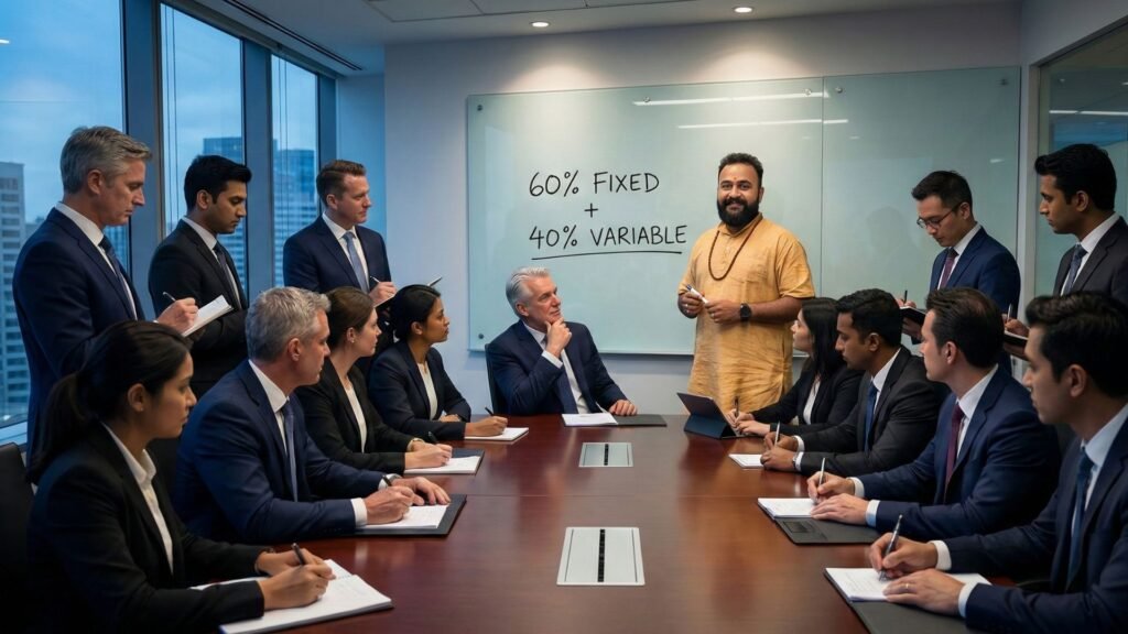 A wide shot showing the entire room. [THE PROTAGONIST] is standing next to a glass whiteboard. On the board, the formula "60% FIXED + 40% VARIABLE" is written in marker. The committee members are taking notes furiously. The Chairman looks impressed, nodding.
