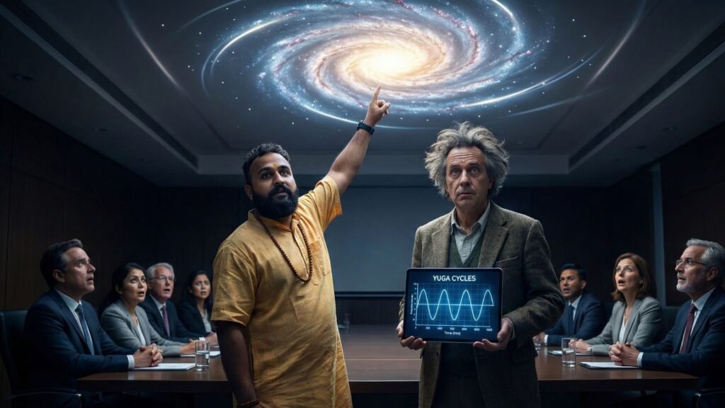 A dramatic low-angle shot. [THE PROTAGONIST] is gesturing towards the ceiling, where the lighting fixture resembles a spiraling galaxy or an orbital path. The Physicist is holding a tablet displaying a graph of the "Yuga Cycles" matching a sine wave. 