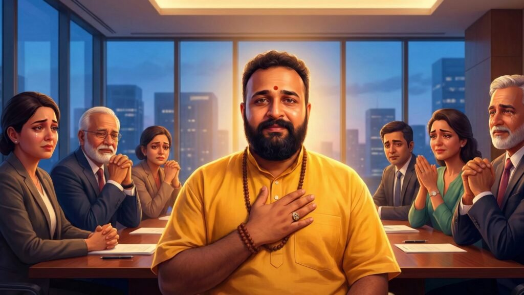 A highly emotional, intimate medium shot. [THE PROTAGONIST] is sitting at the table, looking humble and compassionate, hand gently placed on his chest. The lighting is warm and golden, focusing on his face. The Committee members look softened, emotional, and empathetic. The cold corporate blue light from the window is overpowered by the warm light emanating from the Protagonist. Symbolizing "Pain is inevitable, Suffering is optional."