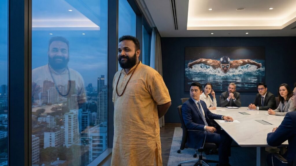 THE PROTAGONIST stands near the window, looking out at the city. The reflection in the window shows the "Committee" but slightly distorted, like a ripple in water (Maya). He turns back to the room with a knowing smile. The committee members look confused but intrigued, questioning their own reality. A visual metaphor of a "Swimmer" cutting through water is subtly integrated into the artwork on the wall behind him.
