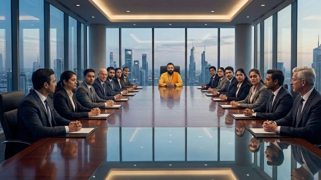 Extreme close-up, face-to-face. The camera is positioned between [THE PROTAGONIST] and the Chairman. The Chairman looks vulnerable, taking off his glasses, tears misting in his eyes. [THE PROTAGONIST] looks at him with infinite compassion and power. The background fades into total darkness/void, making the two faces the only reality. The "Mirror" concept is implied by the intense eye contact. The climax of the session.